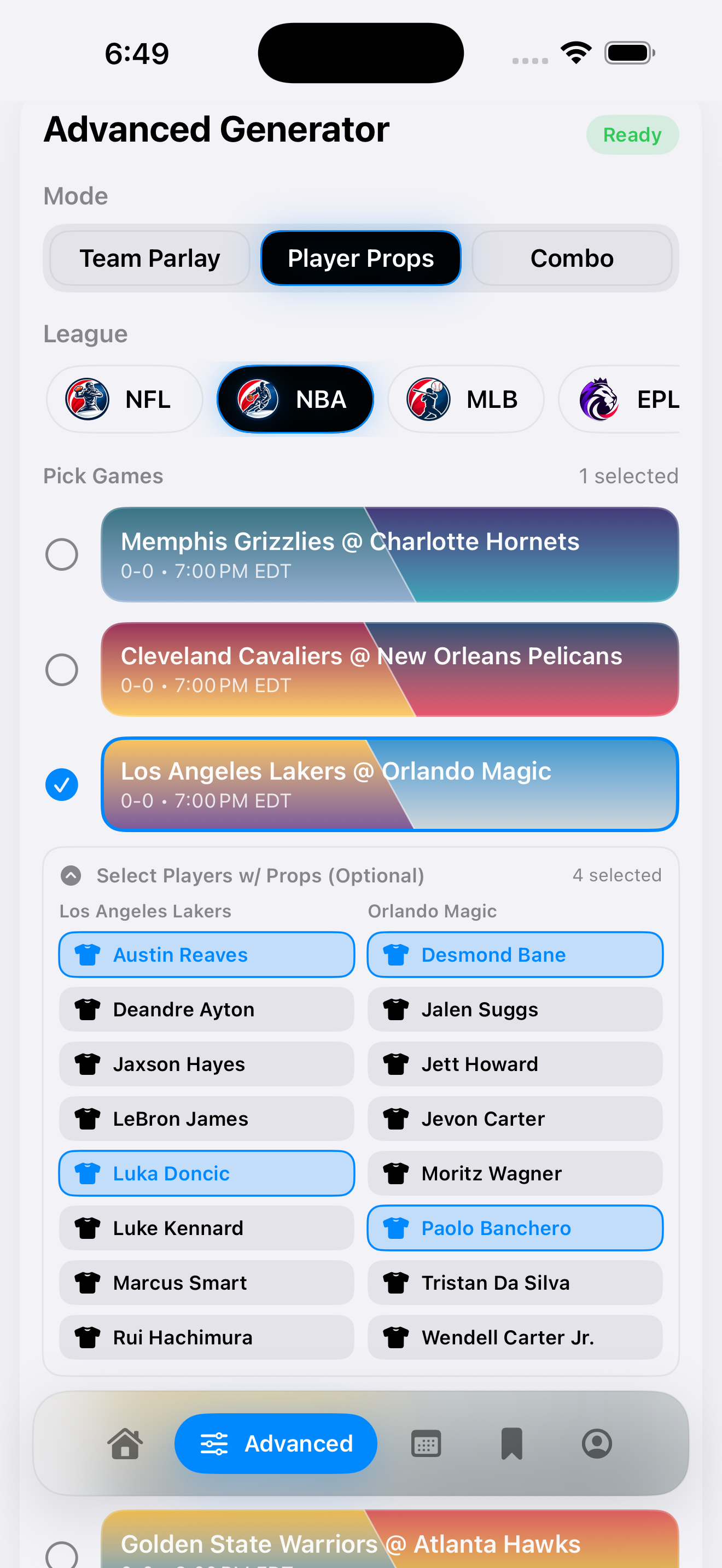 Edge Parlay advanced generator screen with player selection inside selected games