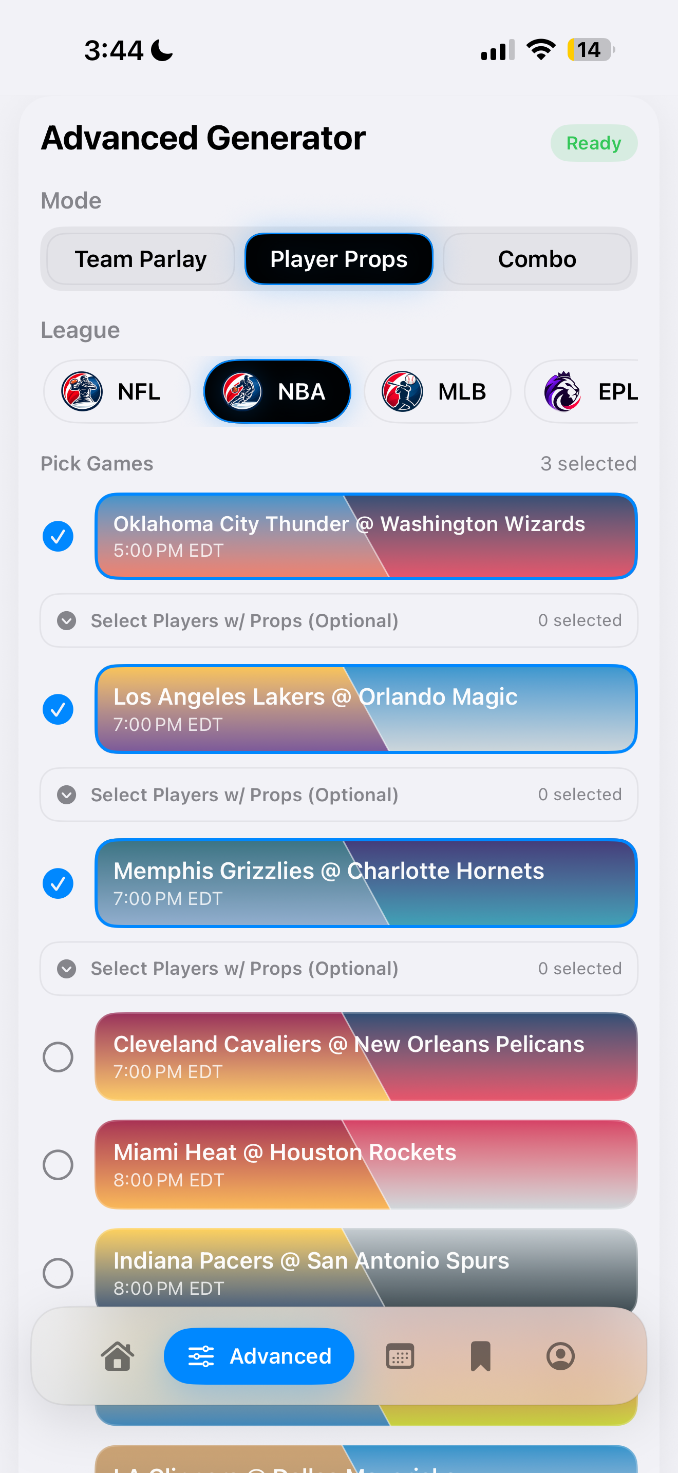 Edge Parlay advanced generator screen with selected games across the slate