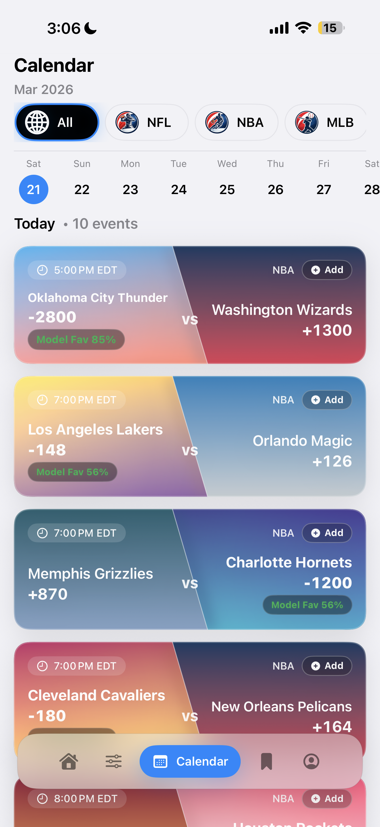 Edge Parlay app calendar screen with upcoming games