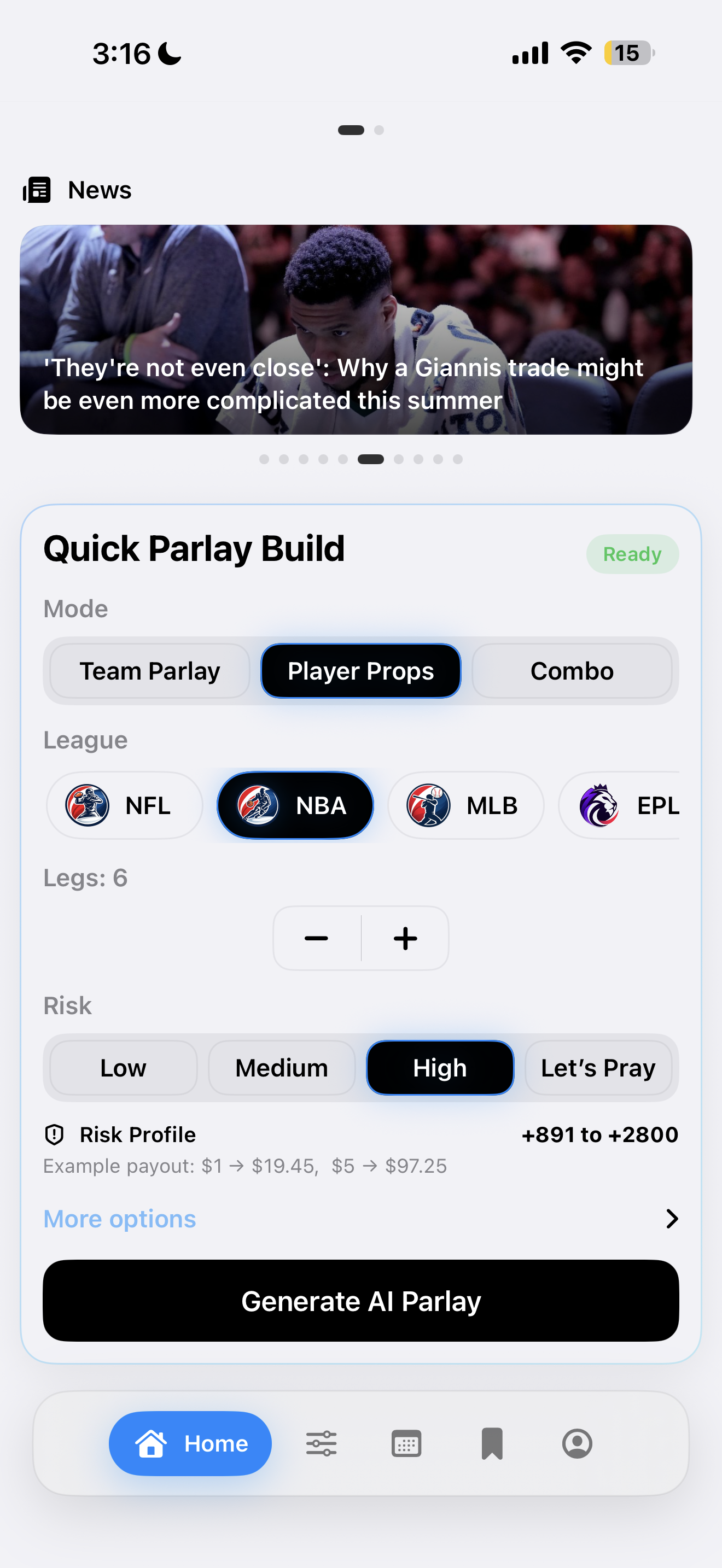 Edge Parlay app quick parlay build screen with player props selected