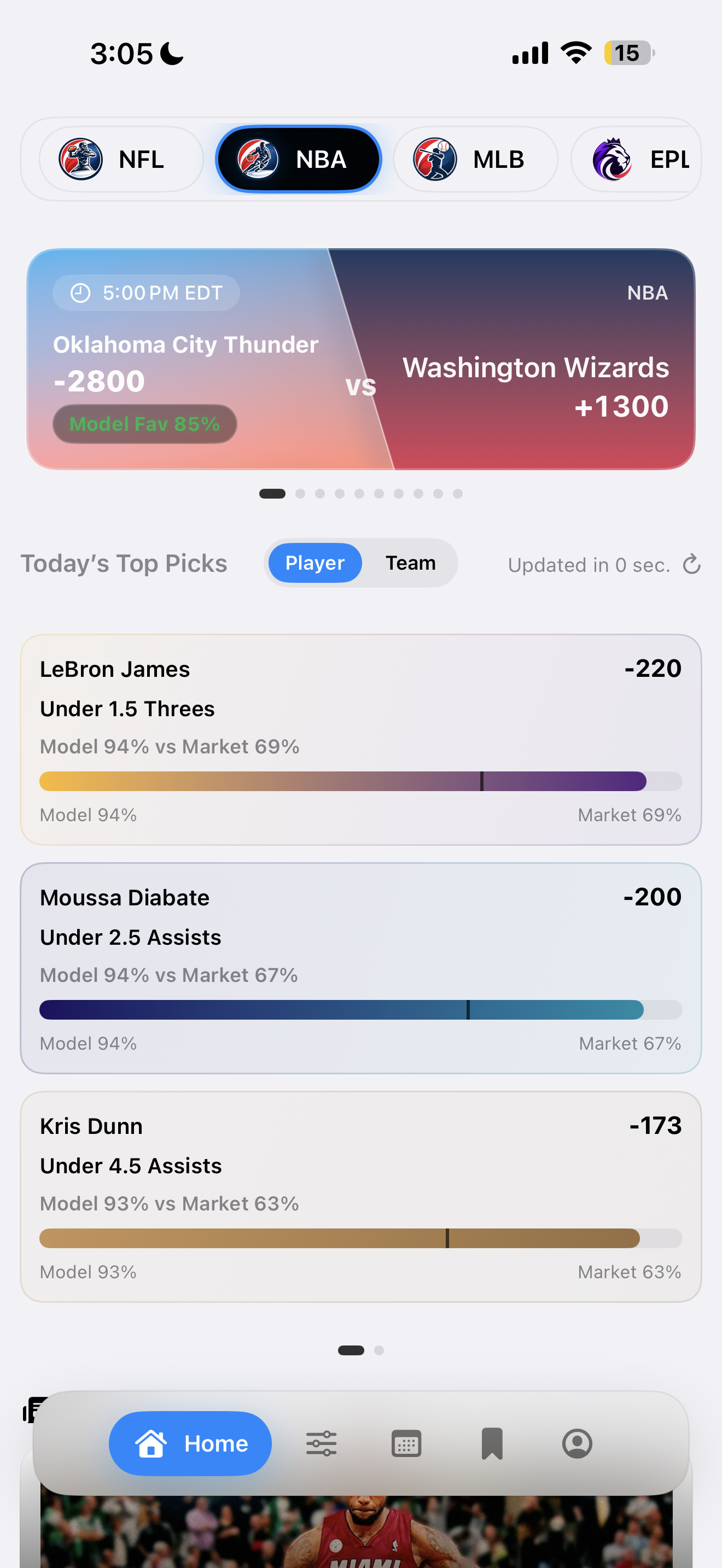 Edge Parlay app screen showing today's top picks and model versus market edges